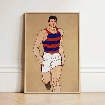 Framed Illustration Muscular Man Red Blue Striped Athletic Athlete Running, Penfield’s, Warm Sand-ochre Field, Edwardian Sporting Ideal,