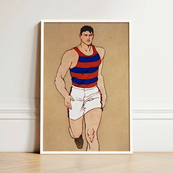 Framed Illustration Muscular Man Red Blue Striped Athletic Athlete Running, Penfield’s, Warm Sand-ochre Field, Edwardian Sporting Ideal,