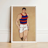 Framed Illustration Muscular Man Red Blue Striped Athletic Athlete Running, Penfield’s, Warm Sand-ochre Field, Edwardian Sporting Ideal,