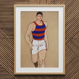 Athlete Running - Edward Penfield Art Print / Canvas Framed Artwork Muscular Man Red Blue Striped Athletic, Penfield’s, Warm Sand-ochre
