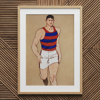 Athlete Running - Edward Penfield Art Print / Canvas Framed Artwork Muscular Man Red Blue Striped Athletic, Penfield’s, Warm Sand-ochre