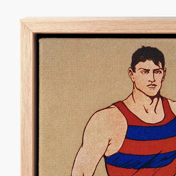 Framed Canvas Print Stylized Illustration Muscular Man Red Athlete Running, Penfield’s, Warm Sand-ochre Field, Edwardian Sporting Ideal,