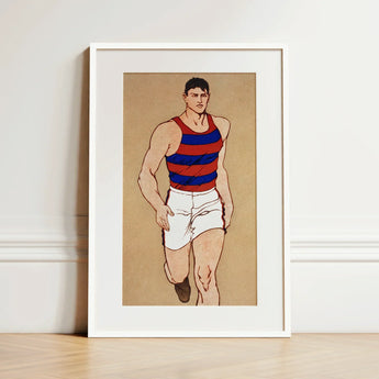 Athlete Running - Edward Penfield Art Print / Canvas Framed Illustration Muscular Man Red Blue Striped Athletic, Penfield’s, Warm