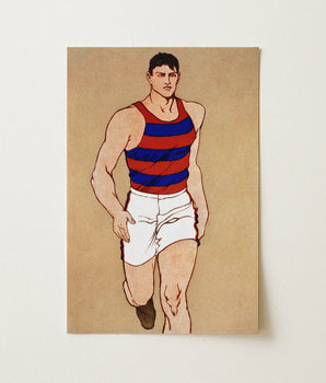 Rectangular Art Print Stylized Illustration Athletic Man Red Athlete Running, Penfield’s, Warm Sand-ochre Field, Edwardian Sporting Ideal,