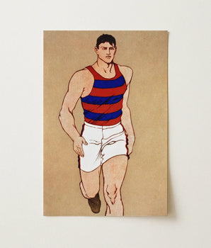 Rectangular Art Print Stylized Illustration Athletic Man Red Athlete Running, Penfield’s, Warm Sand-ochre Field, Edwardian Sporting Ideal,