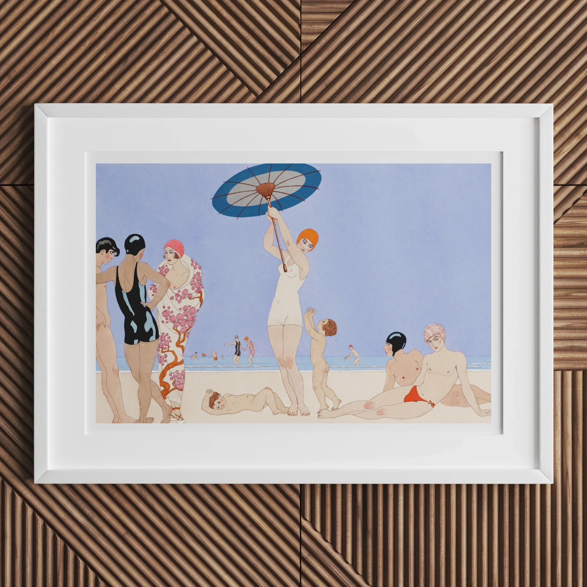 Au Lido - George Barbier 1920s Beach Fashion Art Print, 18x12’’ / 46x31cm / Unframed, Framed Vintage-style Artwork Beachgoers Parasols