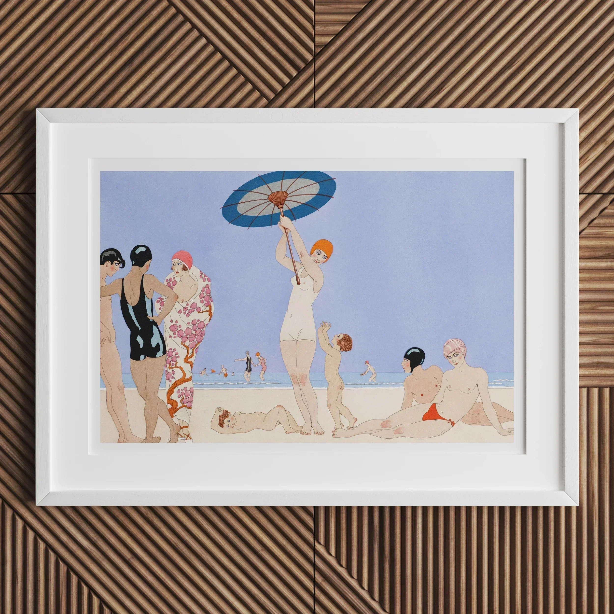 Au Lido George Barbier 1920s Beach Fashion Art Print, 18x12’’ / 46x31cm / Unframed, Framed Vintage Style Artwork Beachgoers Parasols Pastel