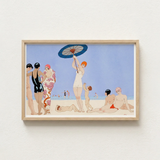 Framed Art Deco-style Beach Scene Painting Stylized Figures George Barbier, 1920s Chic