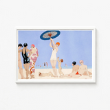 White-framed Art Deco Beach Scene Poster Stylized Figures George Barbier, 1920s Chic