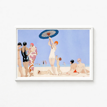 White-framed Art Deco Beach Scene Poster Stylized Figures George Barbier, 1920s Chic