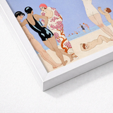 White-framed Art Deco Beach Scene Print Stylized Figures George Barbier, 1920s Chic