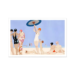 Au Lido - George Barbier 1920s Beach Fashion Art Print, Art Deco Style Illustration Beachgoers Suits Parasol