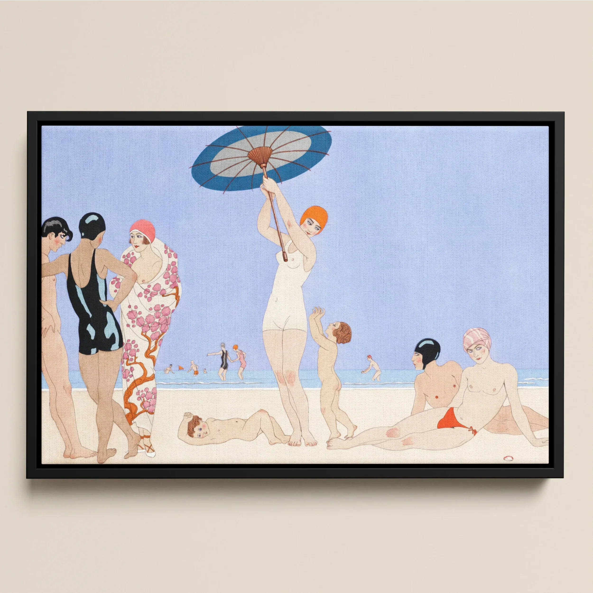 Au Lido - George Barbier 1920s Fashion Art Framed Canvas, Painting People Poses Beach Central Figure Parasol