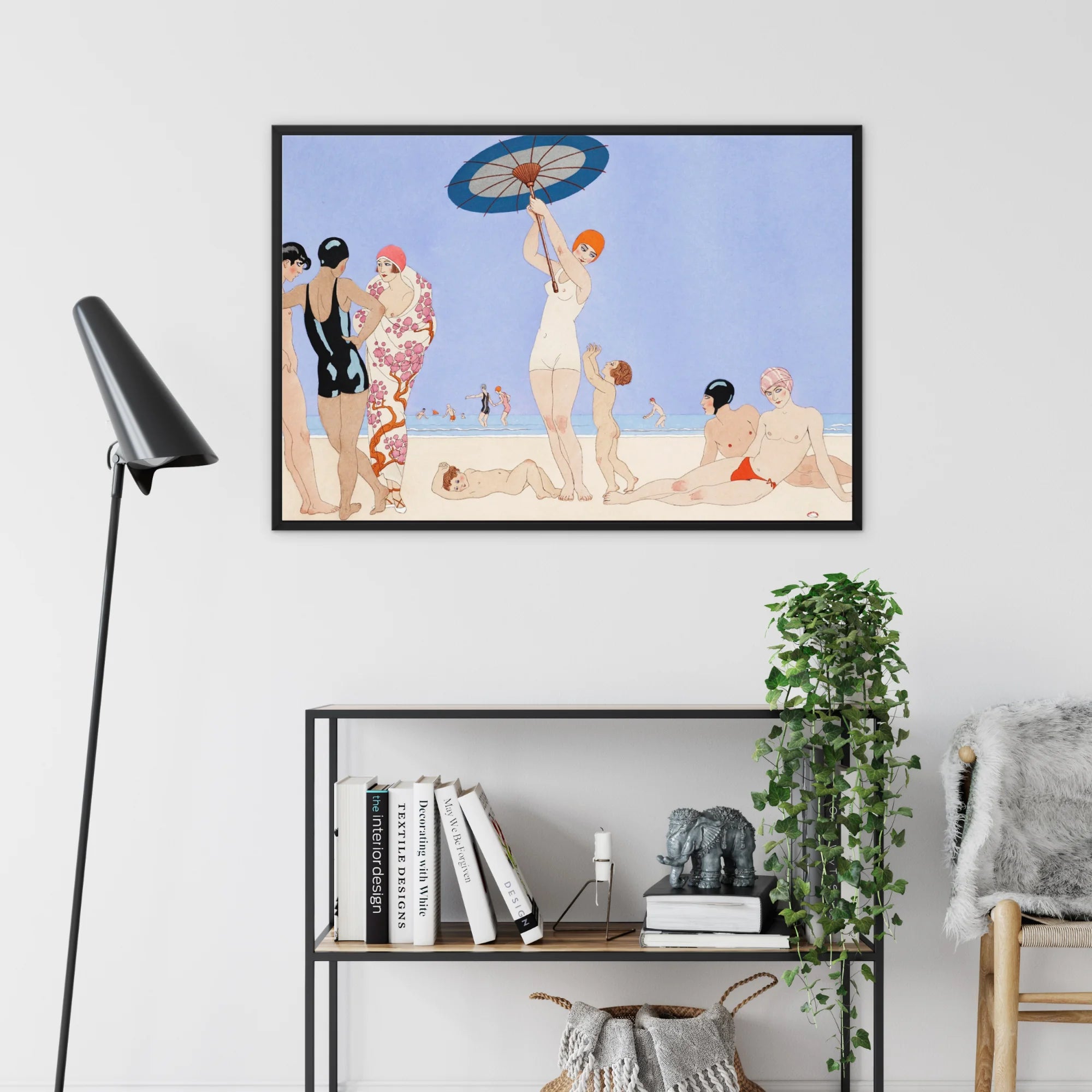 Au Lido George Barbier 1920s Fashion Art Framed Canvas, Framed Vintage Style Beach Scene Artwork People Ball