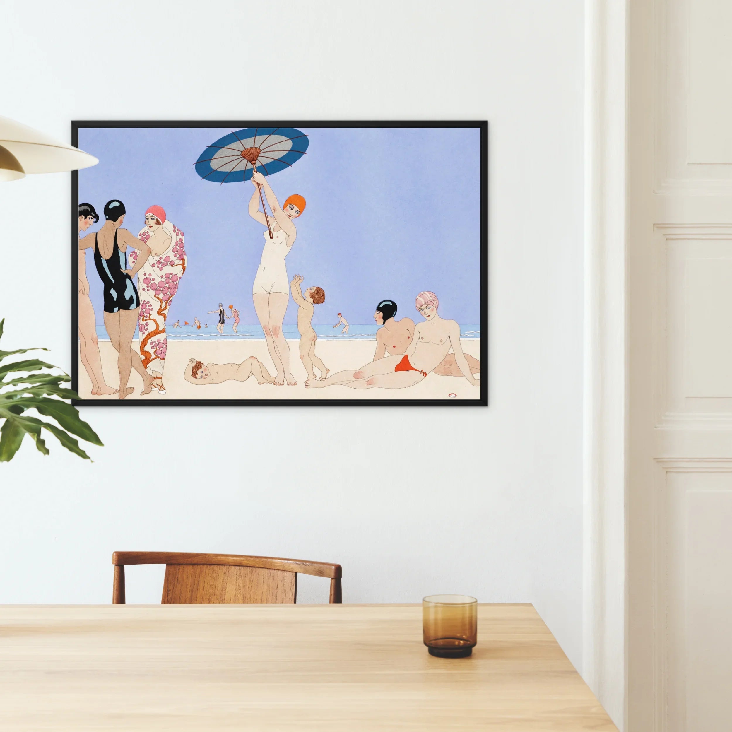 Au Lido - George Barbier 1920s Fashion Art Framed Canvas, Framed Vintage-style Art Print People Beach Scene Parasols