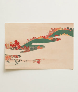 Rectangular Japanese-style Print Stylized Autumn Trees Vibrant Reds Kamisaka Sekka, Art, Hills, Ritual Called Momijigari, Late