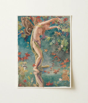 Vintage-style Print Winged Figure Green Purple Fabric Surrounded Autumn Scattering Leaves, John La Farge’s, Psyche-figure Poised, Olive
