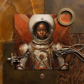 Ava - Black Lesbian Astronaut Art Print / Canvas Detailed Painting White Metallic Spacesuit Ornate Gold, Aesthetic, Queerest Prints