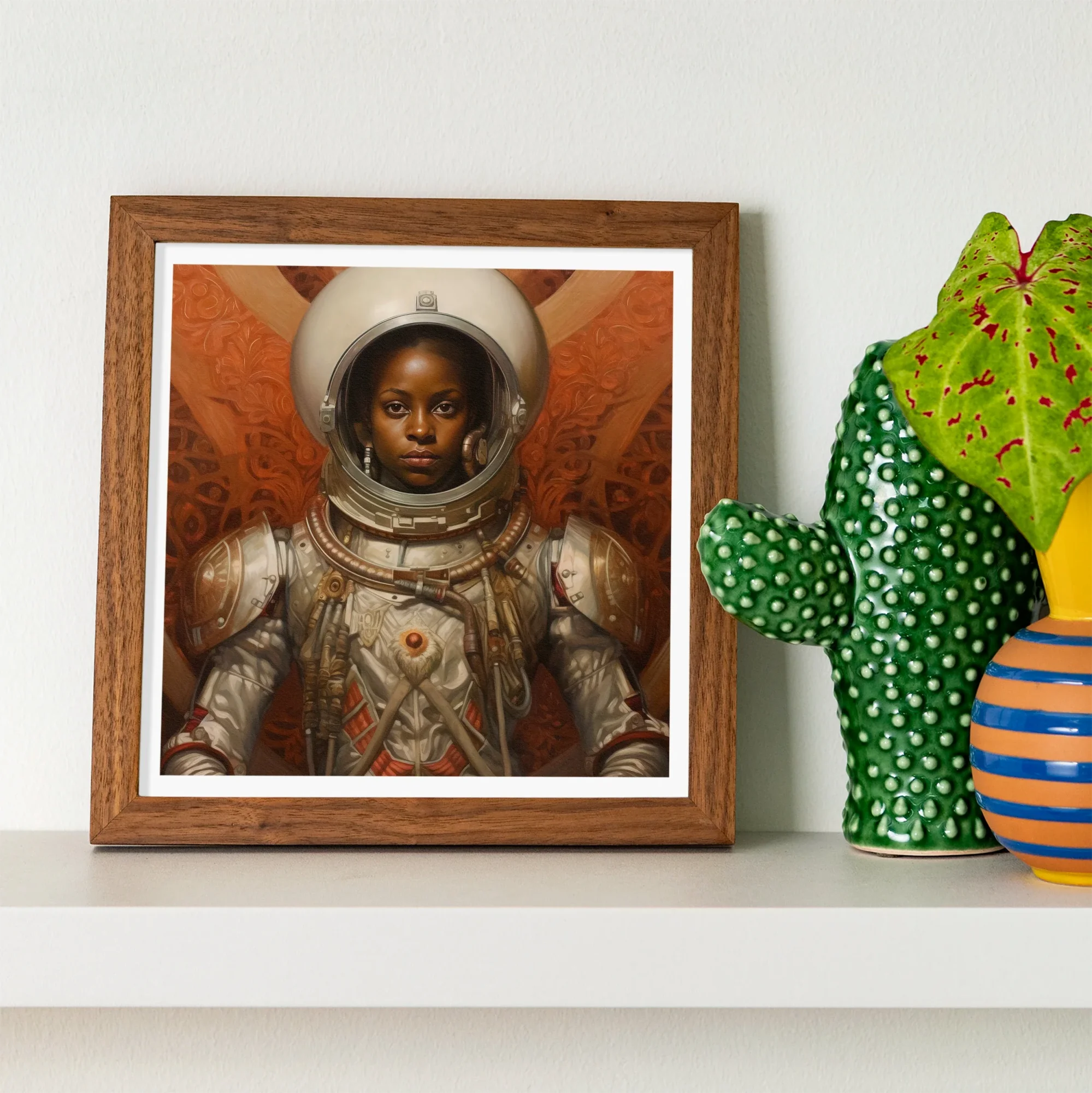 Ava - Black Lesbian Astronaut Art Print, Framed Portrait Astronaut Butterfly Wings Orange Background