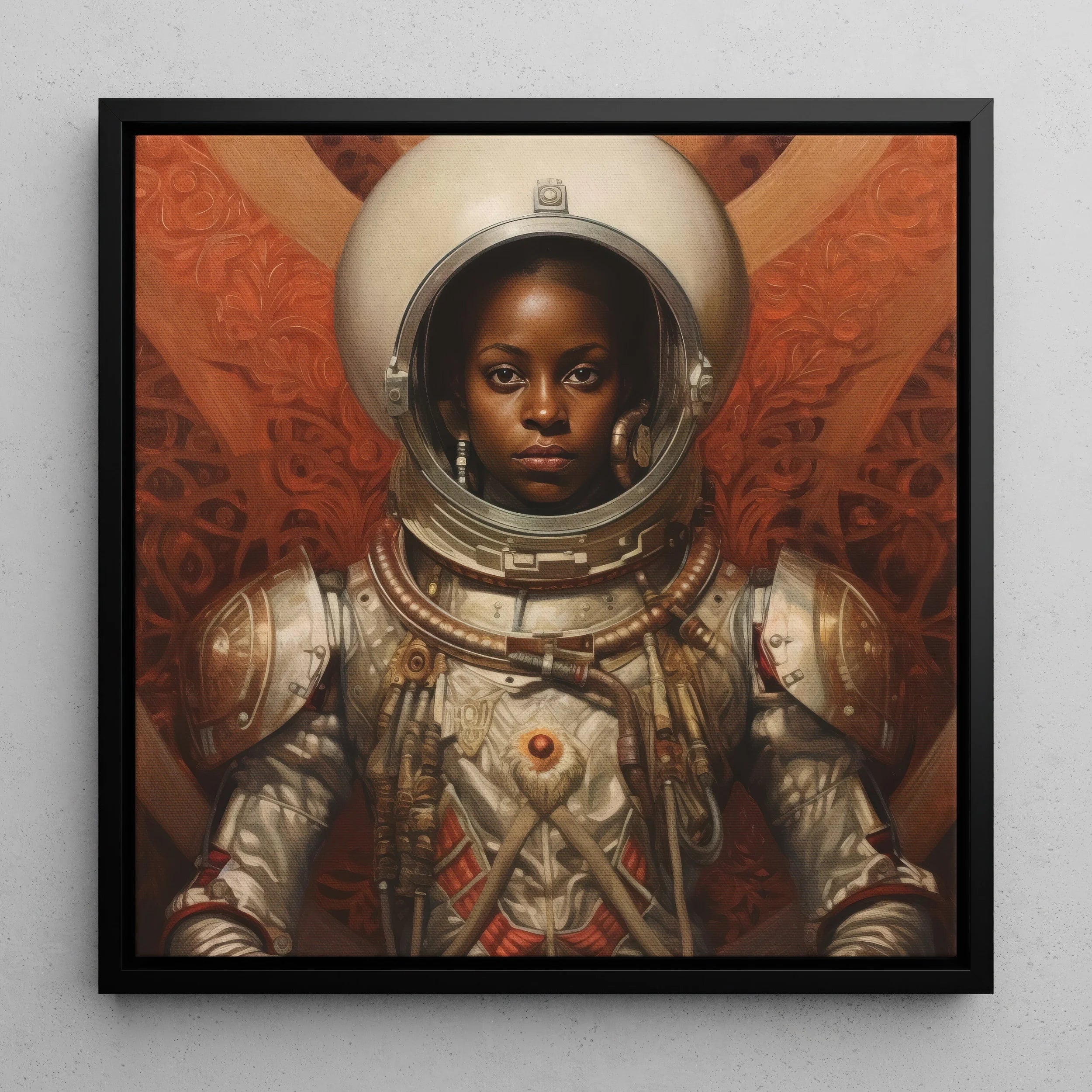 Ava - Black Lesbian Astronaut Framed Canvas, Portrait Astronaut Ornate Spacesuit Reflective Helmet Visor