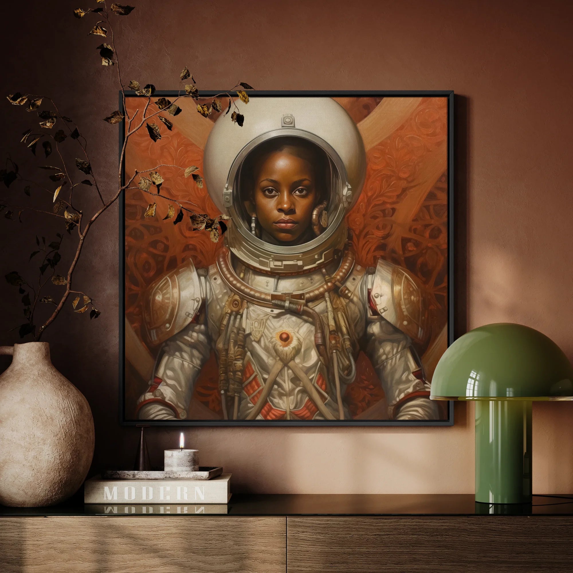 Ava - Black Lesbian Astronaut Framed Canvas, Portrait Young Astronaut White Helmet Ornate Spacesuit Orange