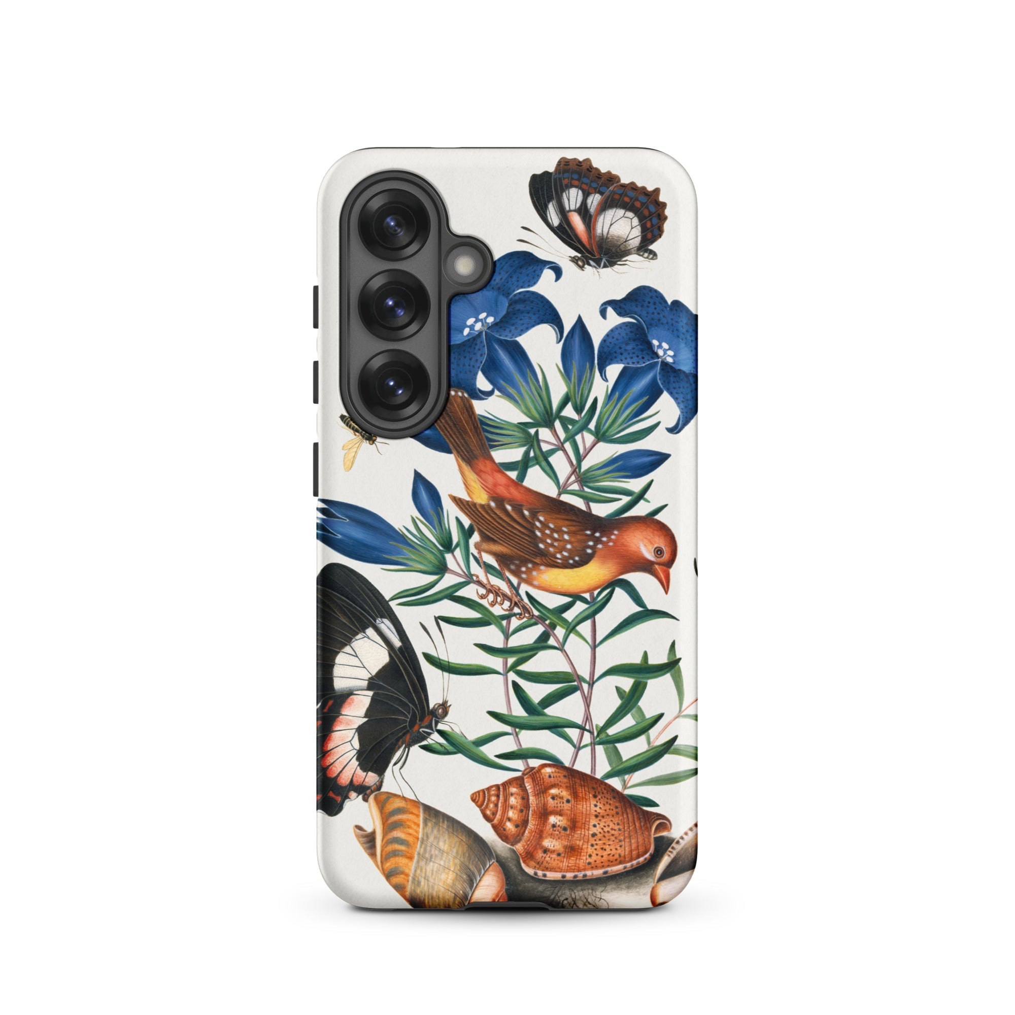 Avadavat Gentian Sawfly Swallowtail and Shells James Bolton Samsung Case, Galaxy S25 / Matte, White Phone Case Vibrant Bird Butterfly