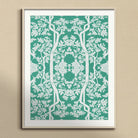 Aviary Black Art Print, Framed Artwork Symmetrical Floral Tree Pattern White Teal