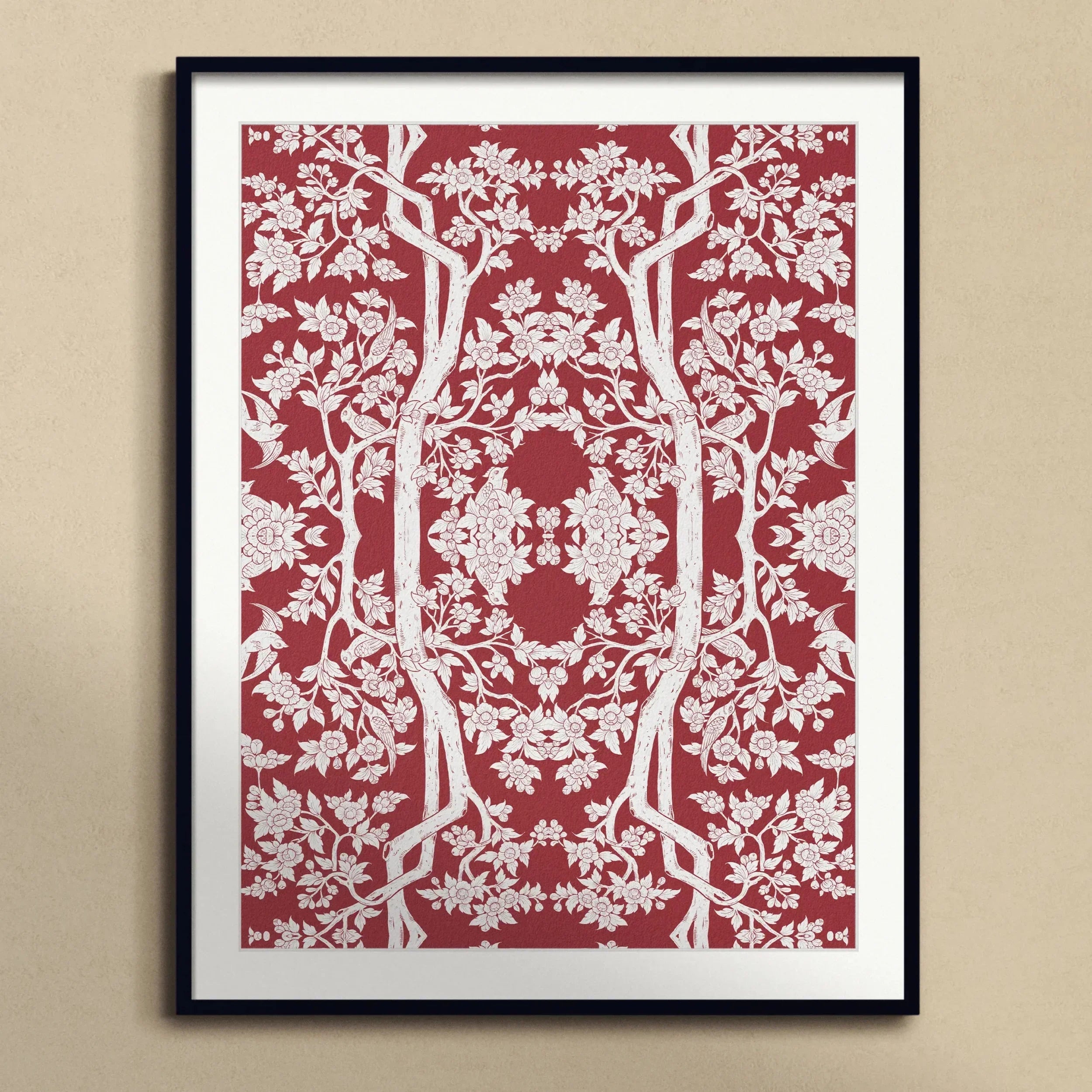 Aviary Black Art Print, Framed Botanical Art Print Red Background White Floral