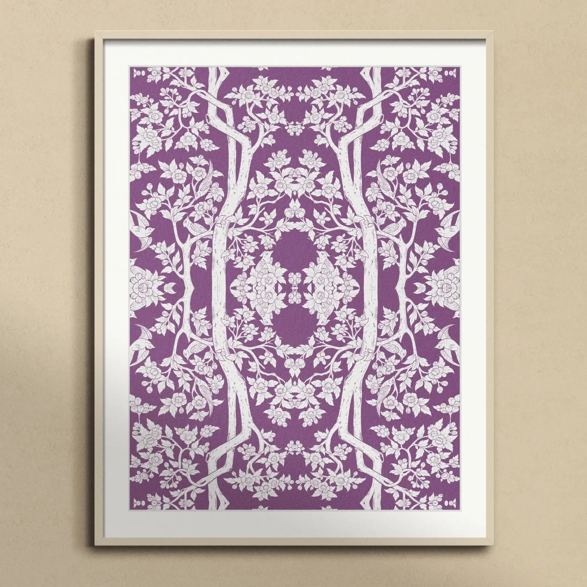 Aviary Black Art Print, Framed Purple Art Print White Symmetrical Floral Tree