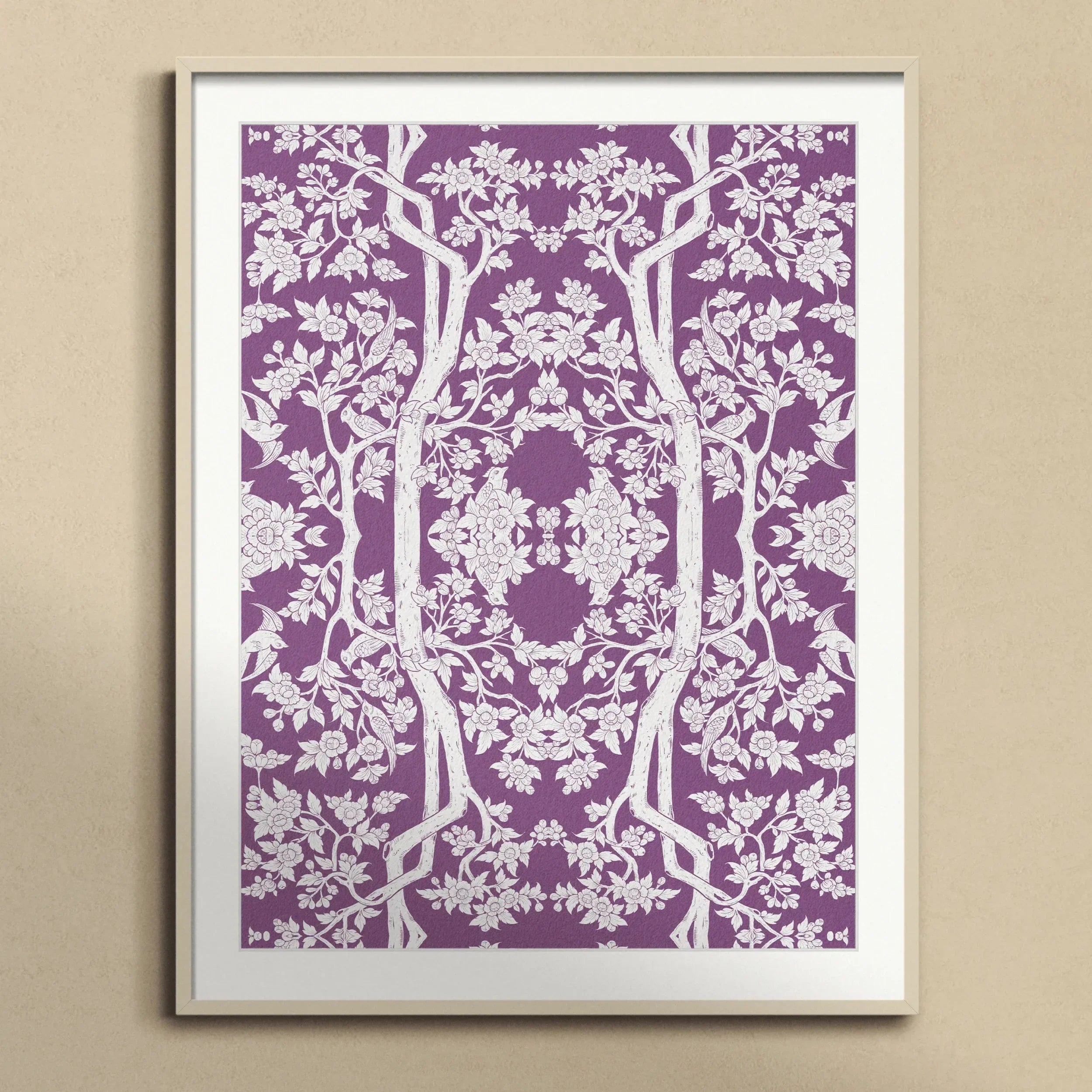 Aviary Black Art Print, Framed Purple Art Print White Symmetrical Floral Tree