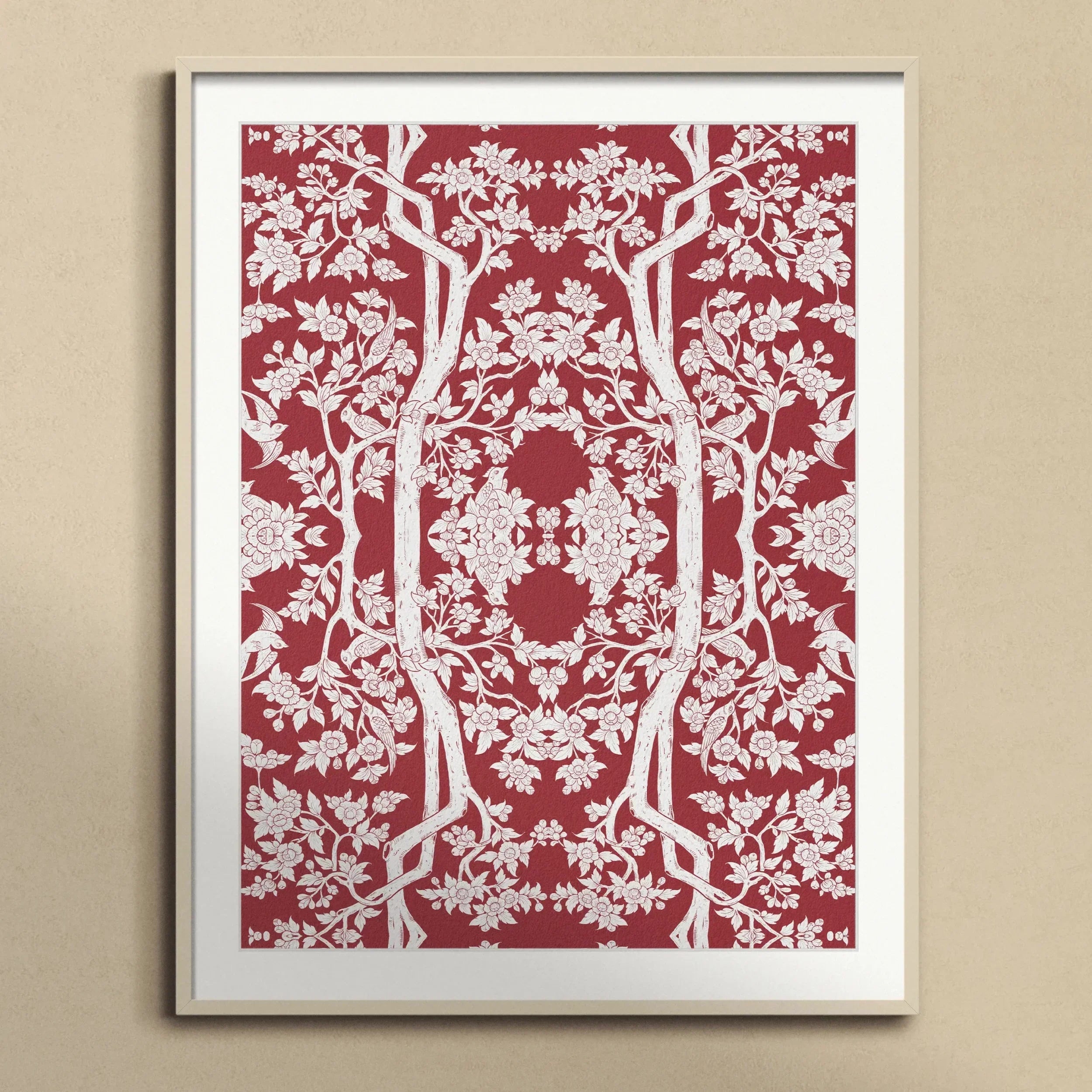 Aviary Black Art Print, Framed Red White Floral Patterned Artwork