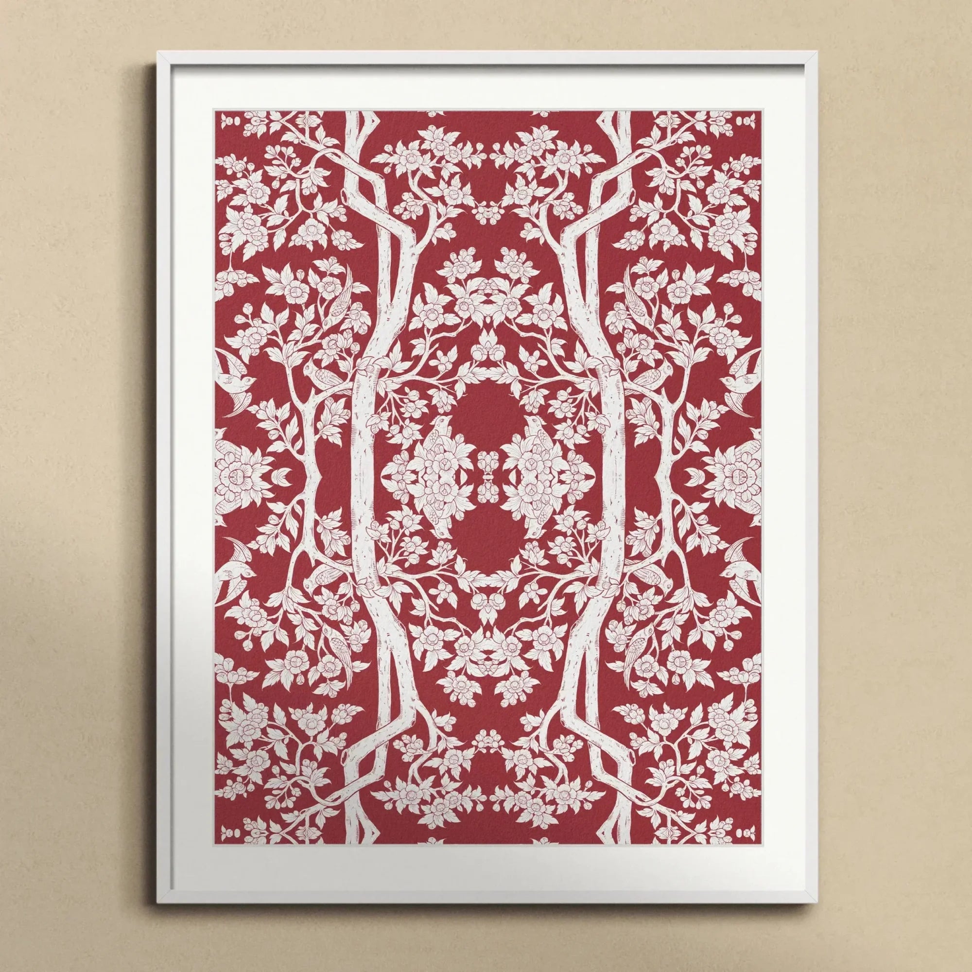 Aviary Black Art Print, Framed Red White Floral Tree Pattern Artwork