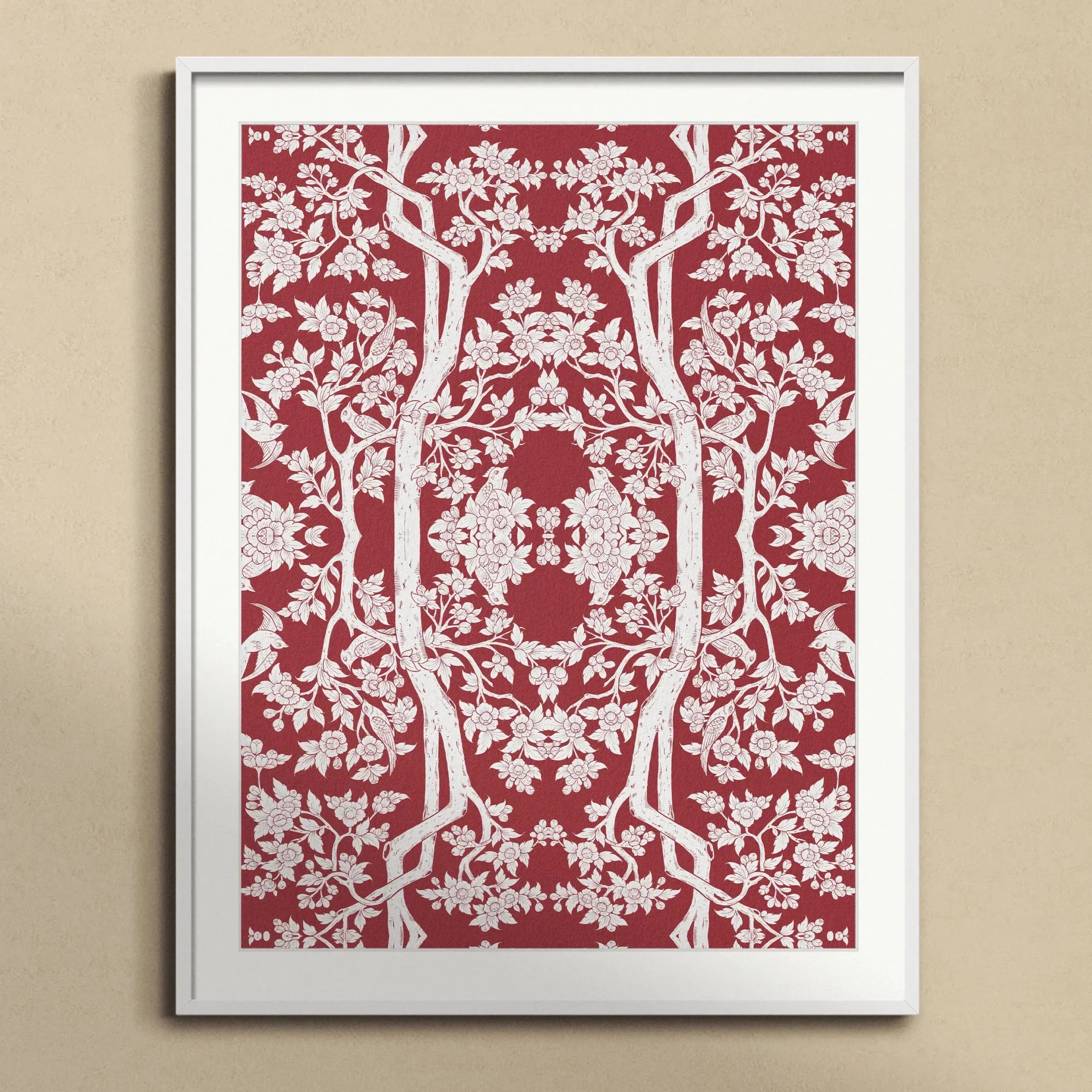 Aviary Black Art Print, Framed Red White Floral Tree Pattern Artwork