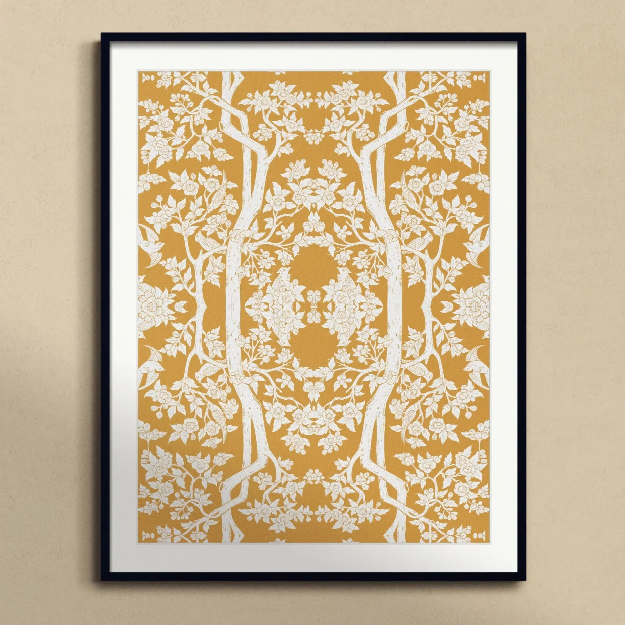 Aviary Black Art Print, Framed Art Print Symmetrical Floral Tree Design White