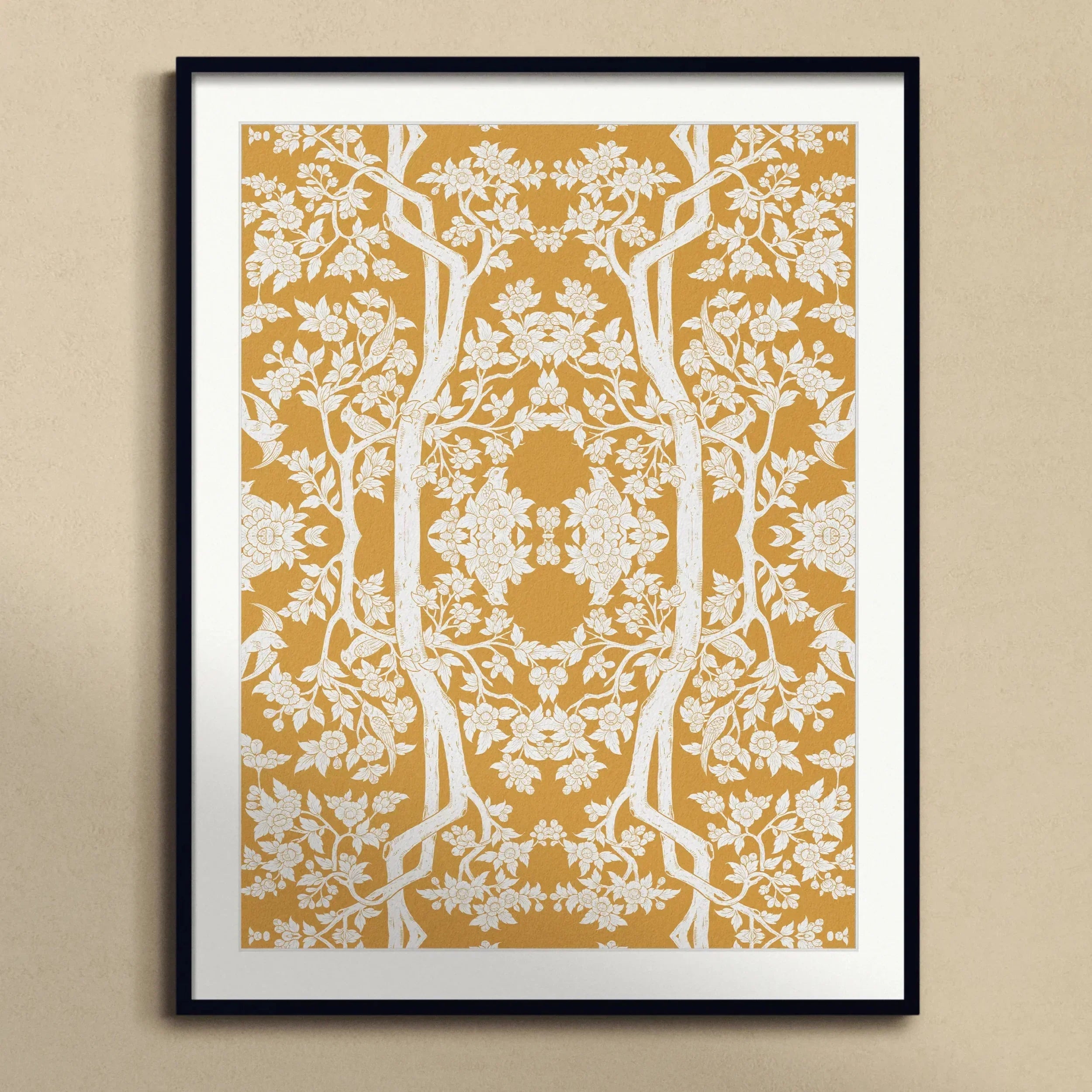 Aviary Black Art Print, Framed Art Print Symmetrical Floral Tree Design White