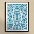 Aviary Black Art Print, Framed Art Print Symmetrical Teal White Floral Pattern