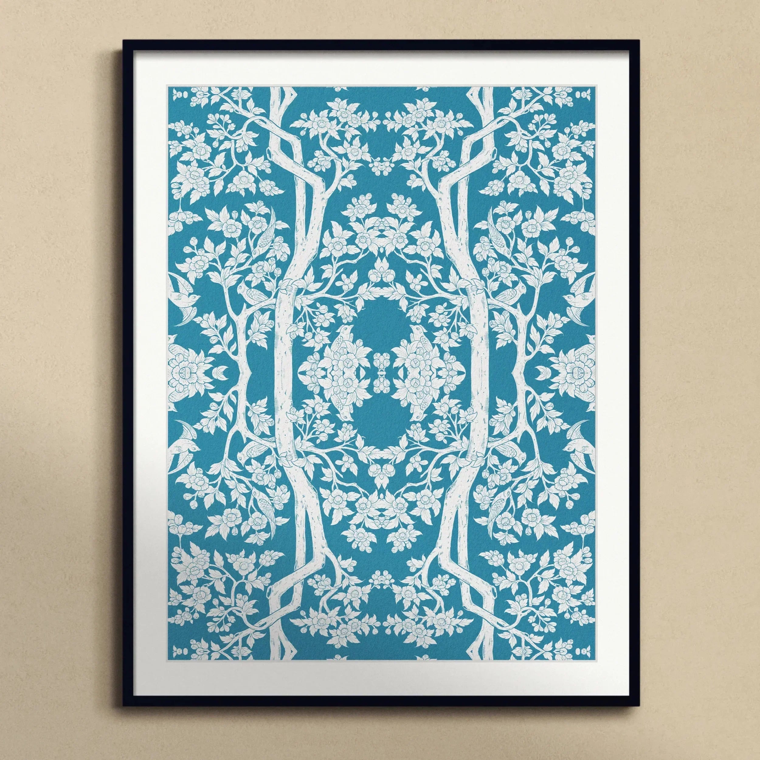 Aviary Black Art Print, Framed Art Print Symmetrical Teal White Floral Pattern