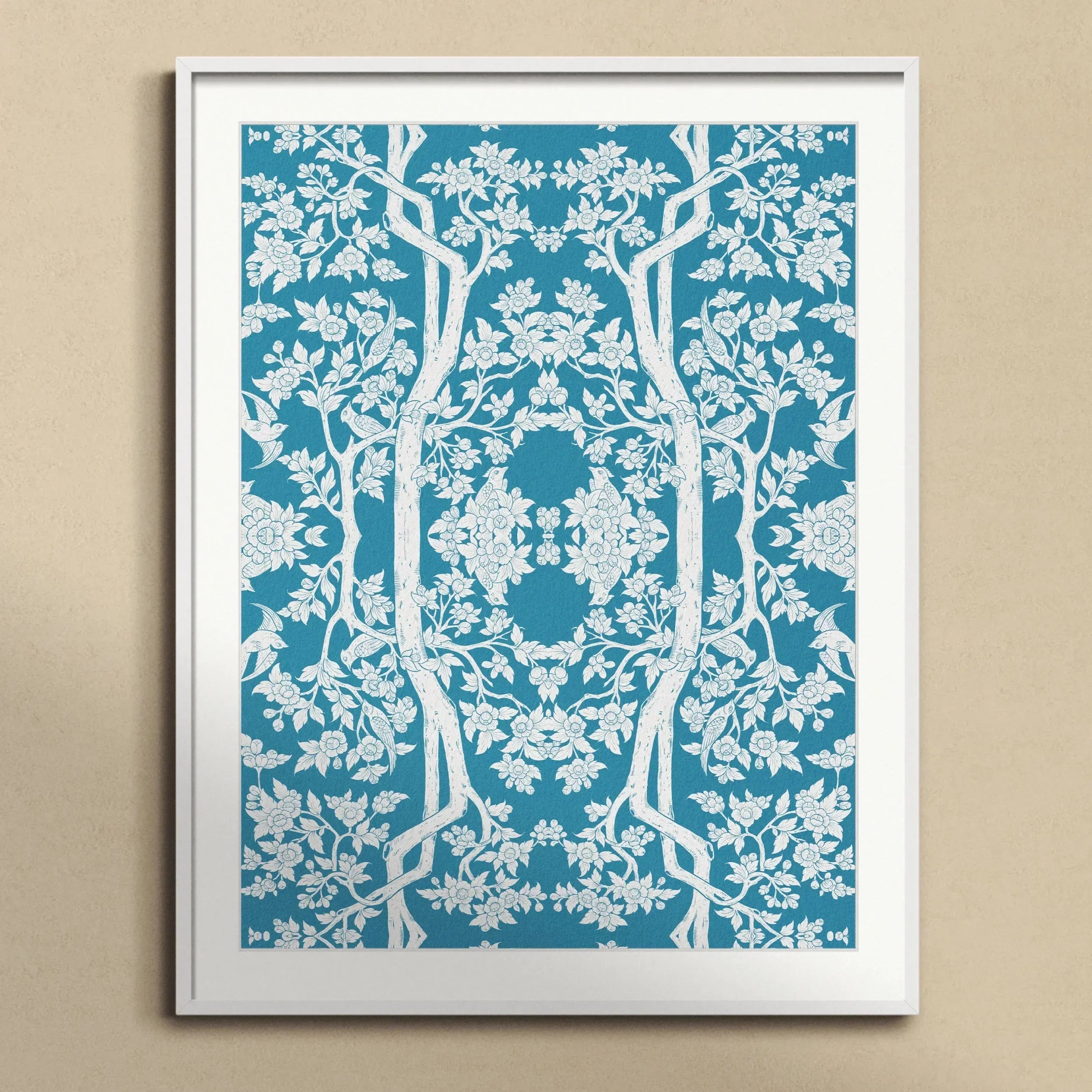 Aviary Black Art Print, Framed Teal White Botanical Art Print