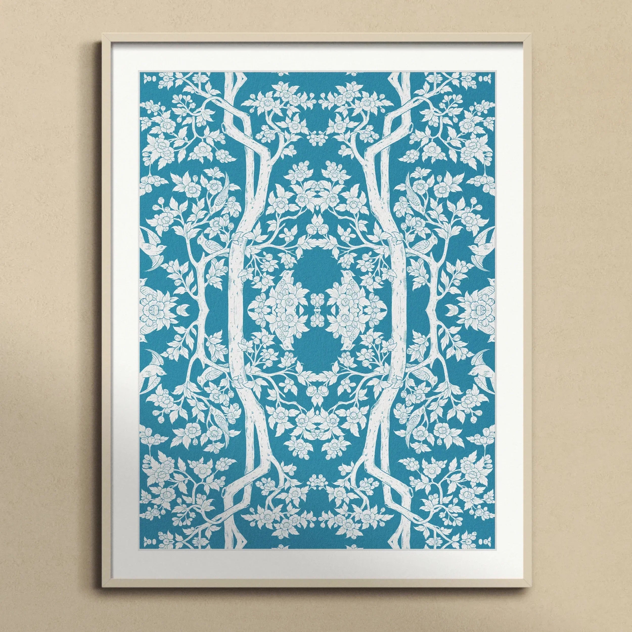 Aviary Black Art Print, Framed Teal White Floral Pattern Artwork