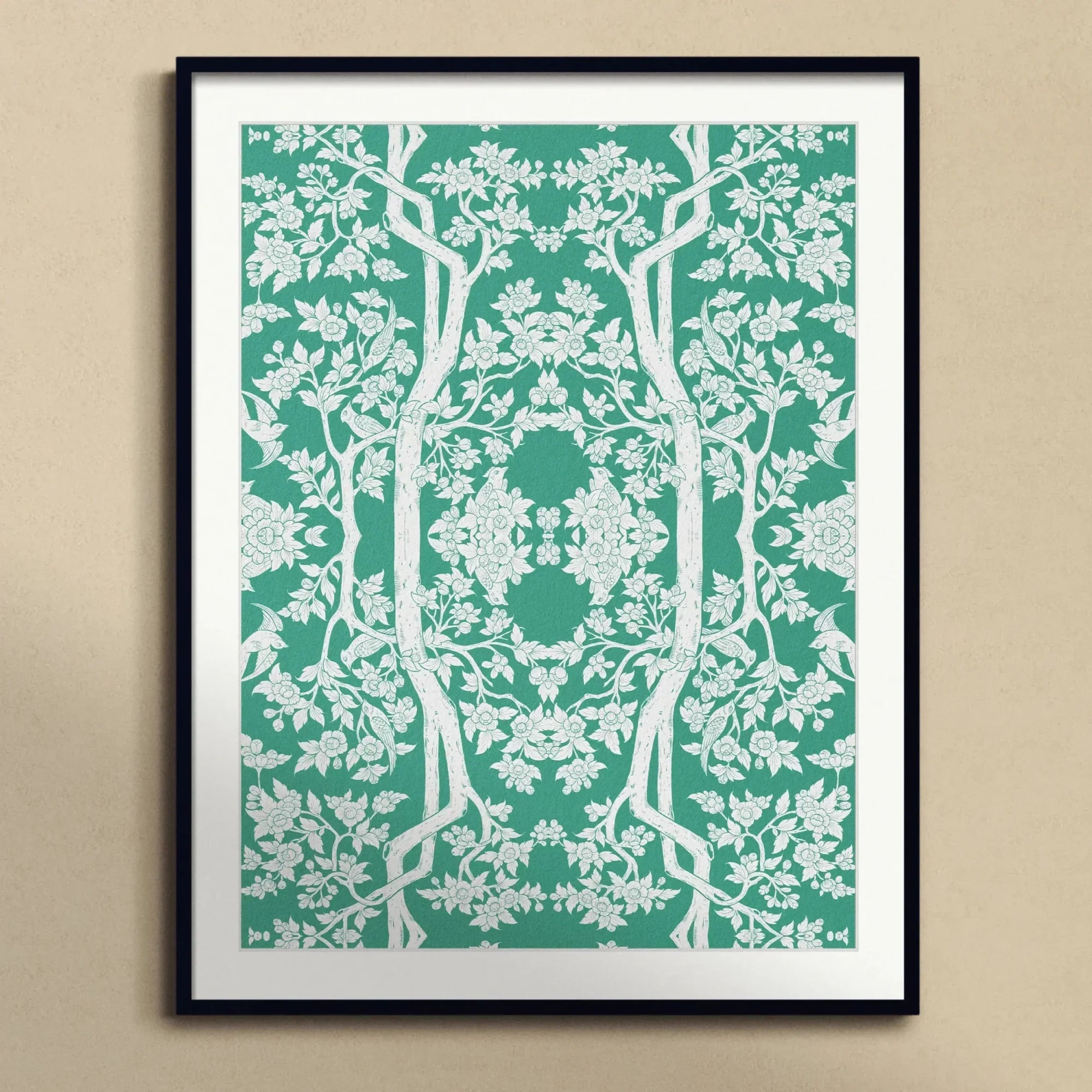 Aviary Black Art Print, Framed Teal White Floral Pattern Artwork