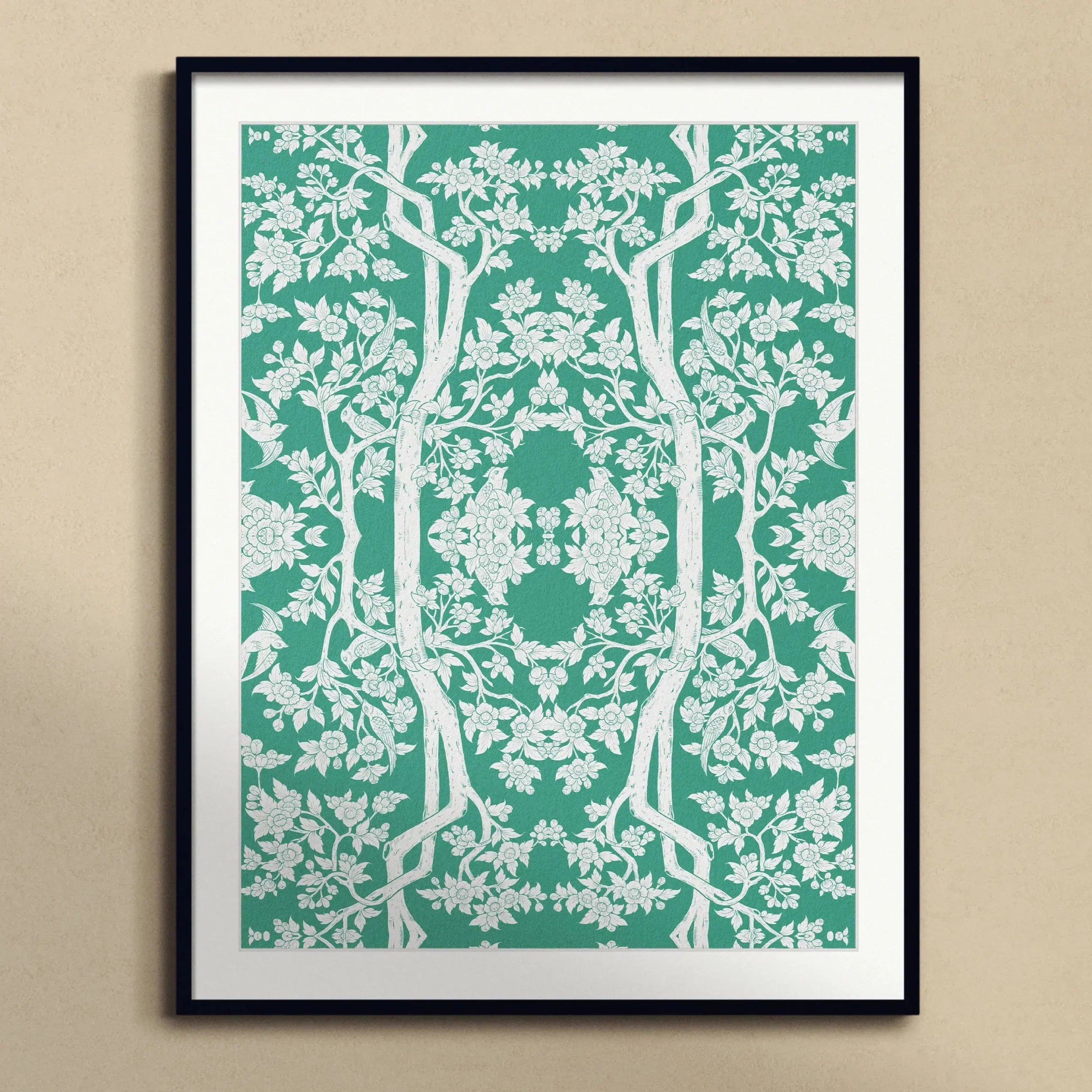 Aviary Black Art Print, Framed Teal White Floral Pattern Artwork