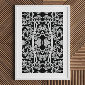 Aviary Black Art Print, Framed Black White Artwork Intricate Floral Tree-like Symmetrical