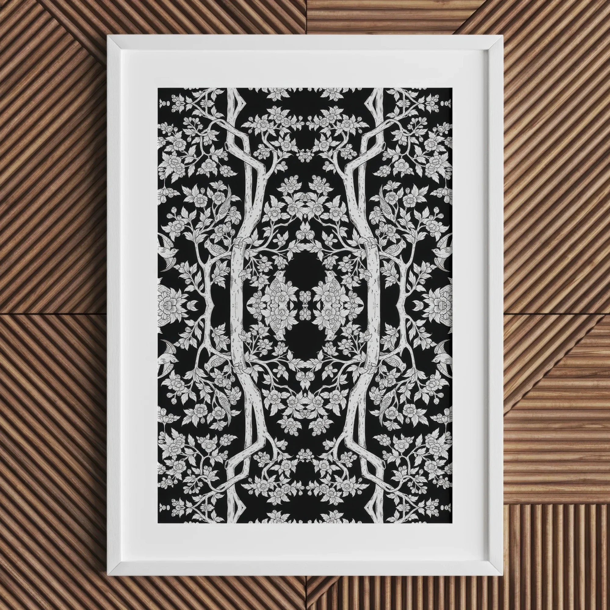 Aviary Black Art Print, Framed Black White Artwork Intricate Floral Tree-like Symmetrical