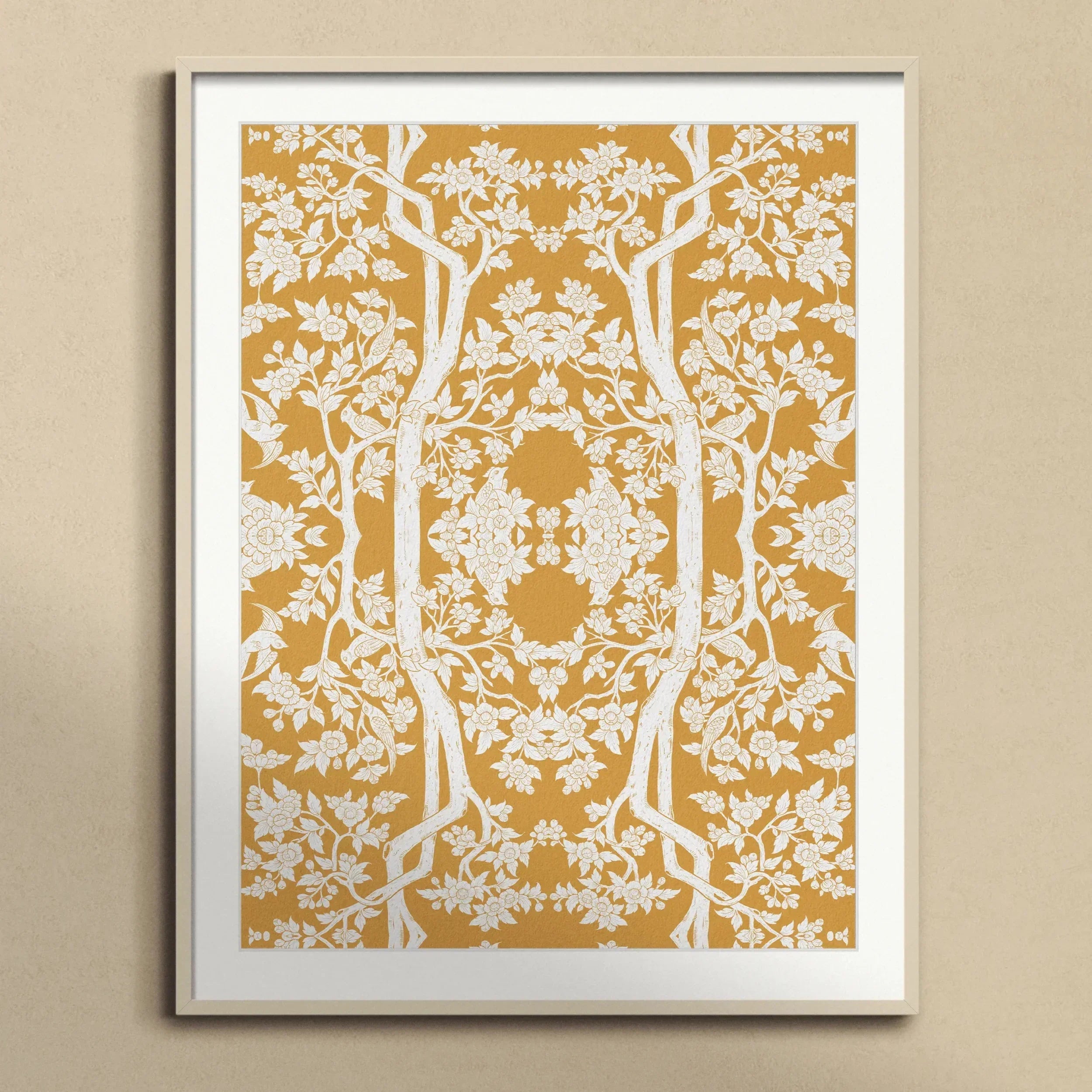 Aviary Black Art Print, Framed Yellow White Floral Tree Pattern Artwork