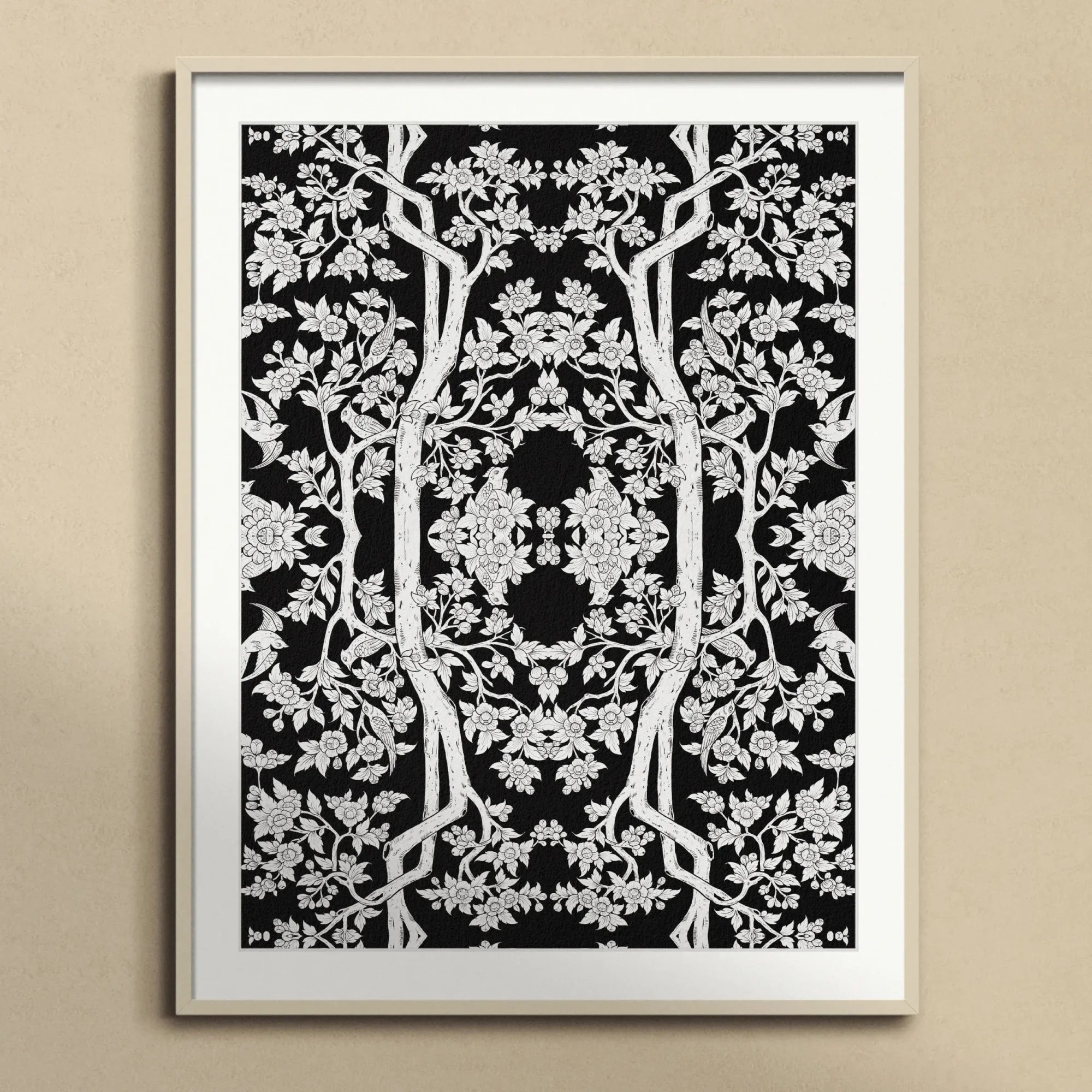 Aviary Black Art Print, Black White Symmetrical Pattern Artwork Tree Branches Floral