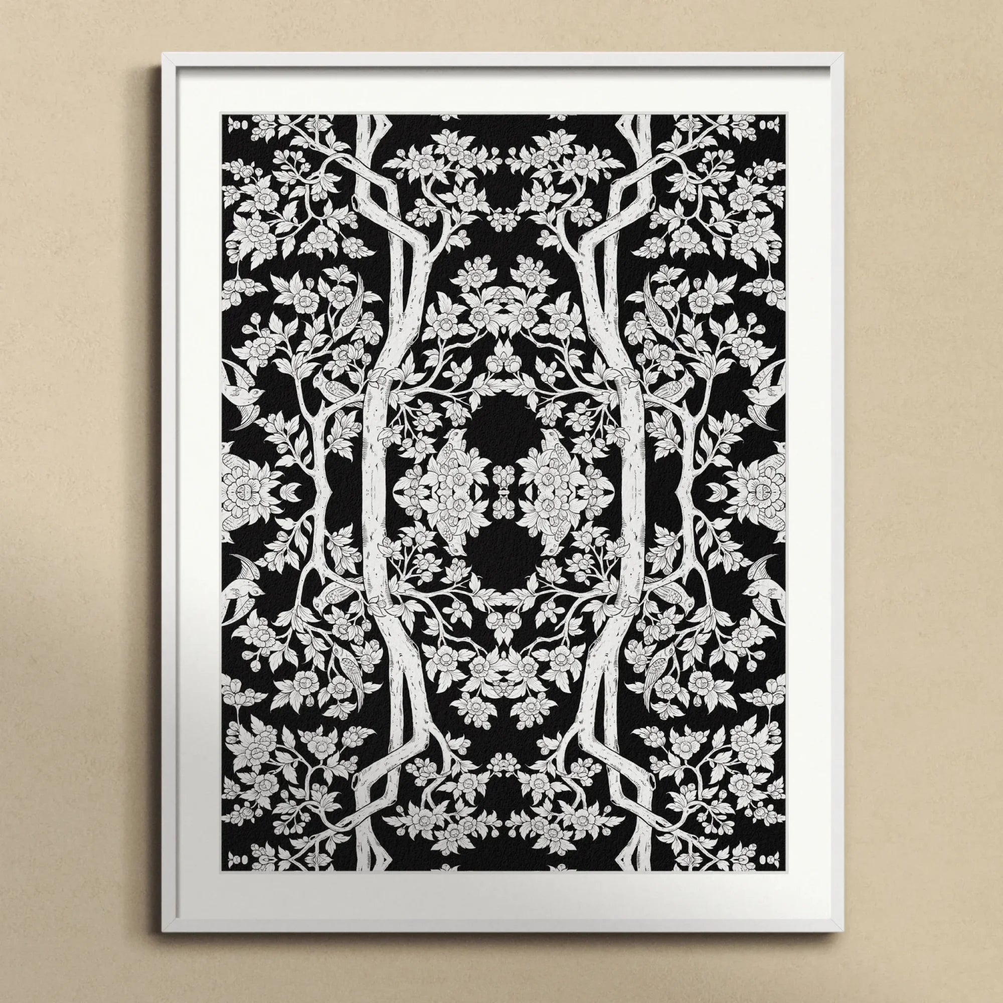 Aviary Black Art Print, Black White Symmetrical Pattern Tree Branches Floral Motifs