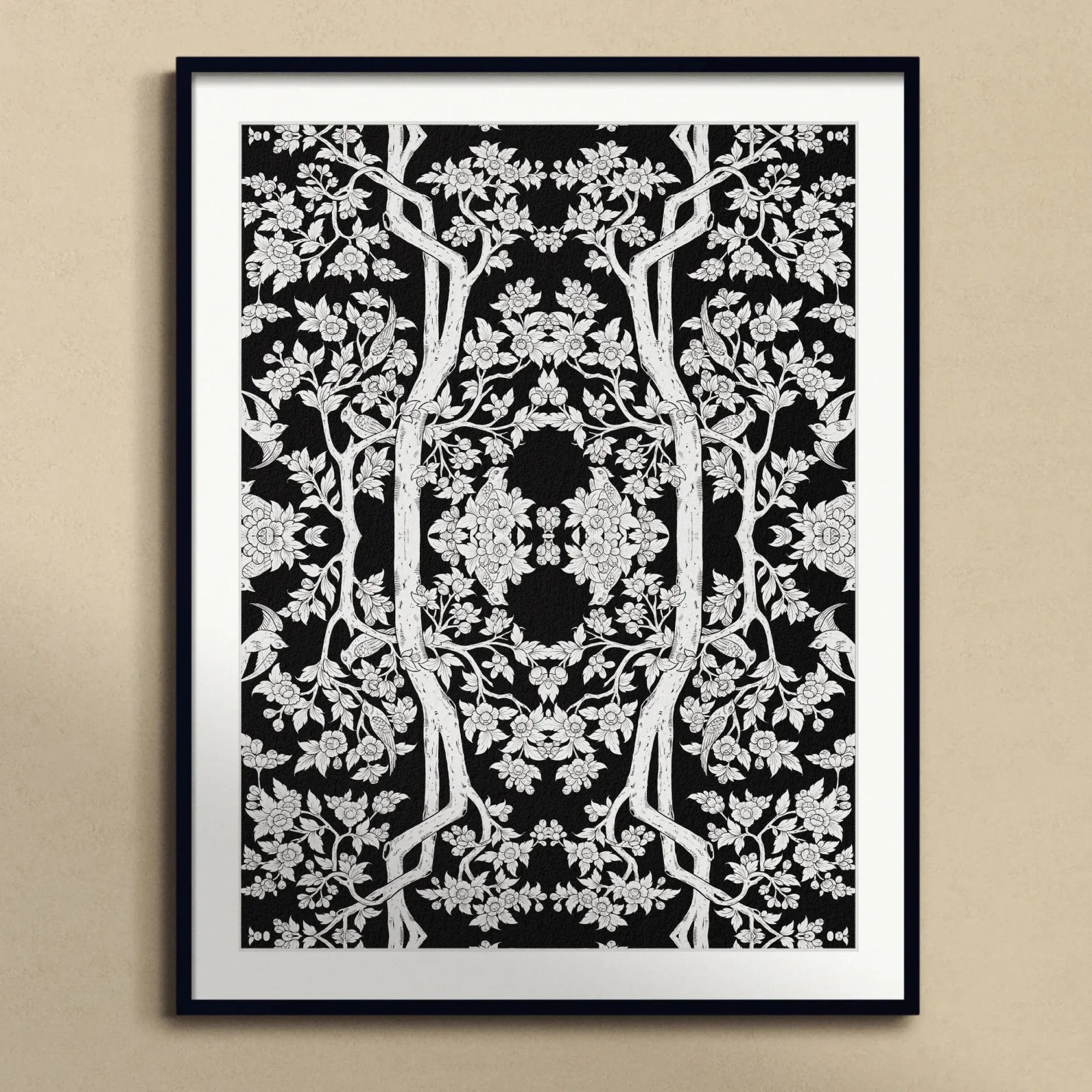Aviary Black Art Print, Black White Symmetrical Pattern Tree Branches Floral Motifs
