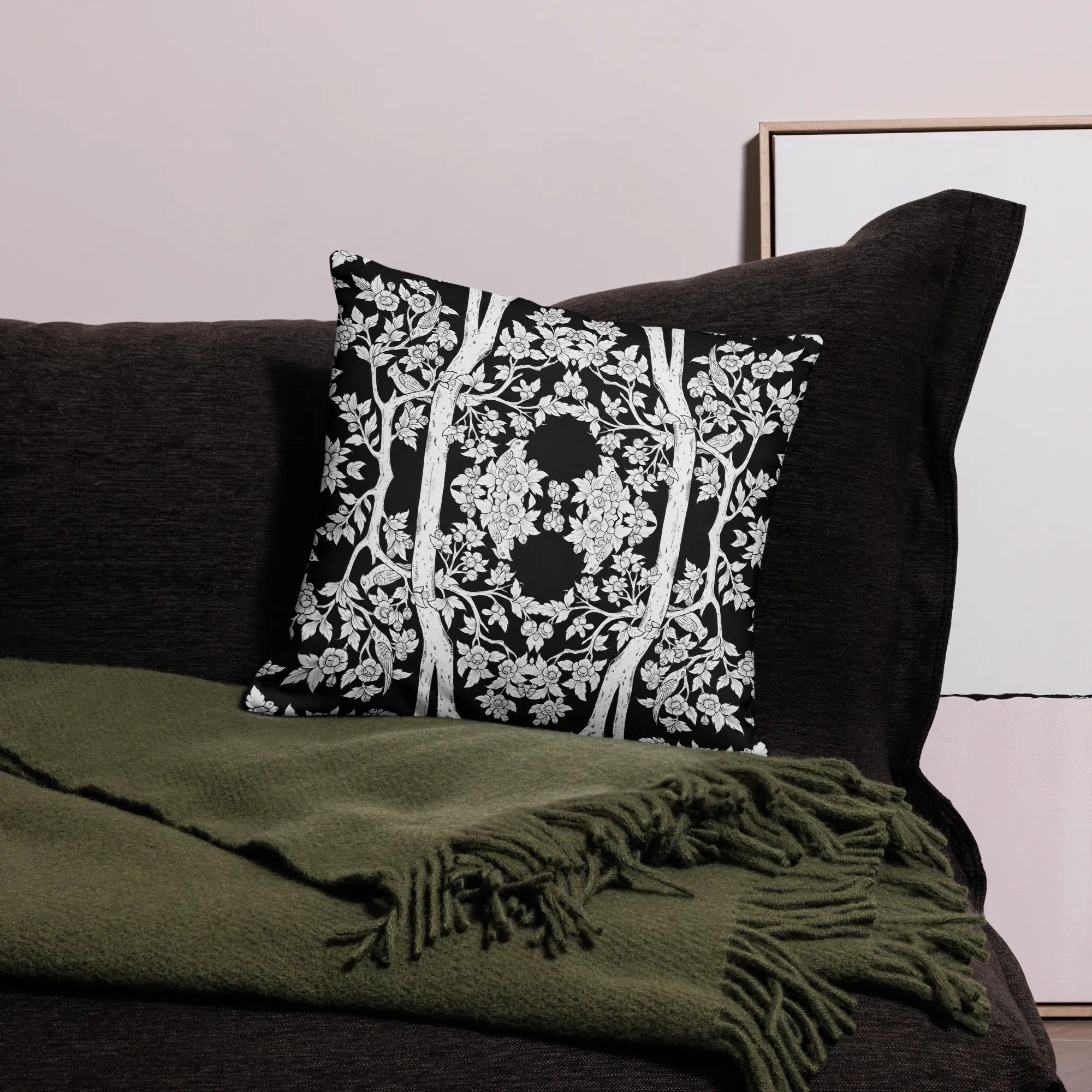 Aviary Black Cushion - Decorative Throw Pillow - Throw Pillows - Aesthetic Art