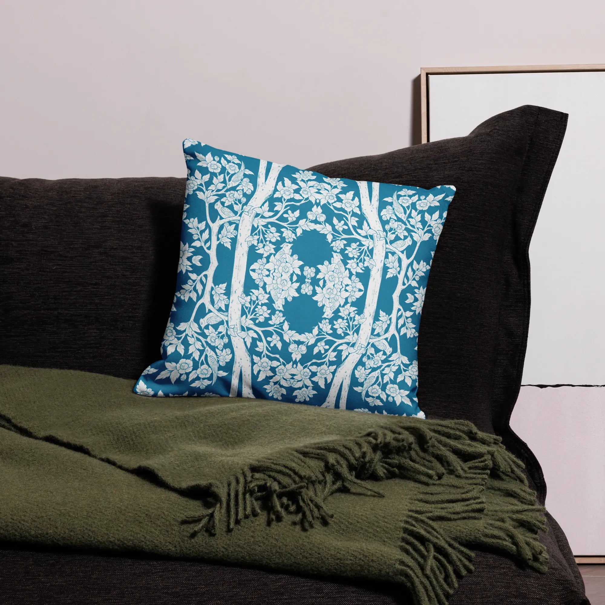 Aviary Blue Cushion - Decorative Throw Pillow - Throw Pillows - Aesthetic Art