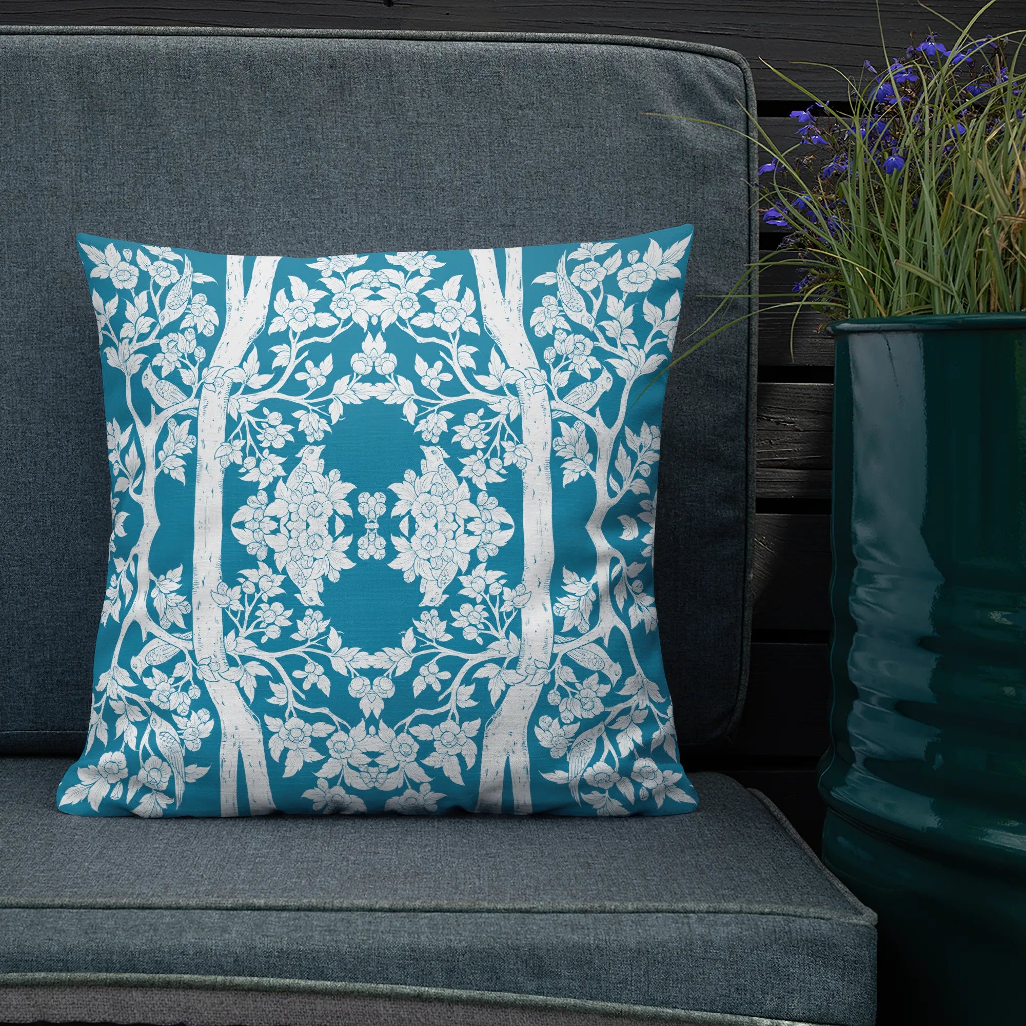 Aviary Blue Cushion - Decorative Throw Pillow - Throw Pillows - Aesthetic Art